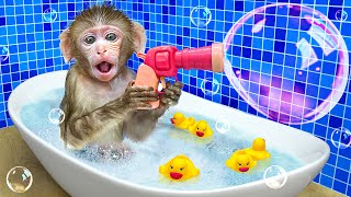 KiKi Monkey playing Giant Bubble in Bathtub with Duckling in the toilet  KUDO ANIMAL KIKI [upl. by Yenor]