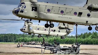 Chinook HEAVY LIFT Helicopter Sling Load MASSIVE M777 Howitzer [upl. by Ennairej]