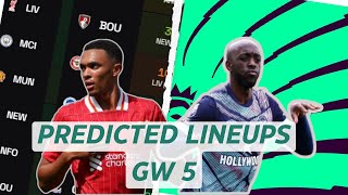 GW5 PREDICTED LINEUPS  ALL TEAMS  Fantasy Premier League 202425 [upl. by Rosenblast]