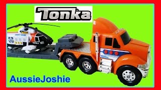 Tonka Toy Truck Video for Children Big Tonka Flatbed Truck amp Helicopter Toys Review [upl. by Higley]