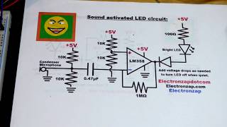 LM358 op amp condenser microphone sound activated LED electronics circuit by electronzap [upl. by Lipsey]