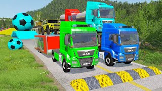 Double Flatbed Trailer Truck vs Speedbumps Train vs Cars  Tractor vs Train BeamngDrive 058 [upl. by Siroled]