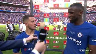 quotEden Hazard please stayquot 🤣 Rudiger and Hazards brilliant interview after wining the FA Cup [upl. by Retsae]