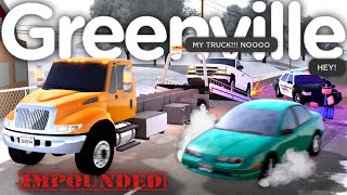 Driving with POPPED TIRES EXPERIMENT gets my truck TOWED Roleplay Series  Roblox Greenville [upl. by Summer845]