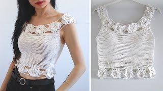 TUTORIAL TOP CANOTTA UNCINETTO quotNINFEAquot DIY CROCHET TOP CROP [upl. by Oikim824]