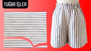 Very Easy Paperbag Belted Short Cutting and Sewing  Tuğba İşler [upl. by Maclay]