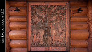 Hand Carved Log Cabin Door Natural Hand Carving [upl. by Nyraa]