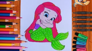 how to draw Ariel from the little mermaid Disney princess color pencil step by step [upl. by Dina]