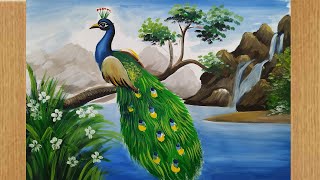 how to draw a peacock step by step with poster colorposter color scenery paintingpeacock drawing [upl. by Ilan]