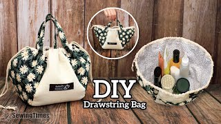 DIY Drawstring Bag with Handle  Wide open Purse bag Cosmetic bag sewingtimes [upl. by Aidiruy]