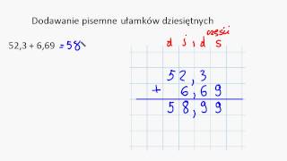 Dodawanie pisemne ułamków dziesiętnych [upl. by Sussman]