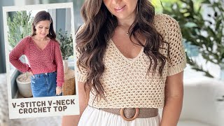 VStitch VNeck Crochet Summer Top Seamless TopDown Construction long and short sleeve pattern [upl. by Rosaline]