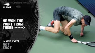 Jannik Sinner Wins UNBELIEVABLE Point After Falling Over  2024 US Open [upl. by Neiviv]