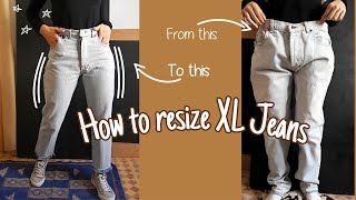 how to downsize jeans  best ways to resize waist and legs  thrift flip XL mens jeans [upl. by Galan]