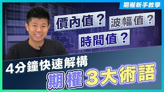 【期權新手教學 EP 2】 4分鐘快速解構期權3大術語：時間值、價內值、波幅值｜絕密揭秘一日速賺40萬利潤的期權策略｜獨立股評人 JK爸爸陳立展｜期權 投資 投資教學 [upl. by Dorkus]