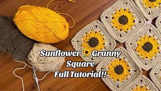 How To Crochet 🌻Sunflower Granny Square🌻FULL TUTORIAL FOR BEGINNERS crochettutorial grannysquare [upl. by Ernesto]