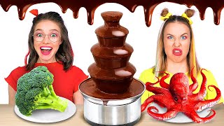 CHOCOLATE FOUNTAIN FONDUE CHALLENGE  Last To Stop Eating Chocolate VS Real Food By 123 GO FOOD [upl. by Veriee583]