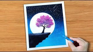 Drawing with oil pastel  Moonlight night scenery drawing shorts [upl. by Zetnod21]