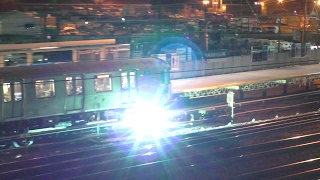 PATH HD 60fps Kawasaki PA5 Trains  Harrison w Bright 3rd Rail Arcing  Night 21917 [upl. by Jilli]