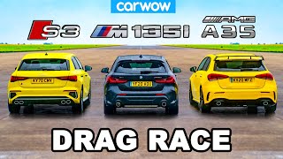 Audi S3 v BMW M135i v AMG A35  DRAG RACE [upl. by Anerys]