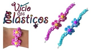 Como fazer Pulseira de Elásticos com duas flores sem tear  Rainbow Loom [upl. by Anitap]