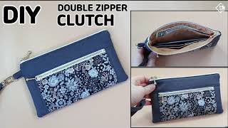 DIY DOUBLE ZIPPER CLUTCH WITH WRIST STRAP Clutch Wallet Making Tutorial Tendersmile Handmade [upl. by Ocsic]