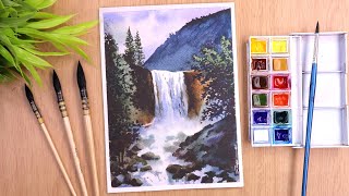 Watercolor painting of waterfall landscape easy step by step [upl. by Ilam]