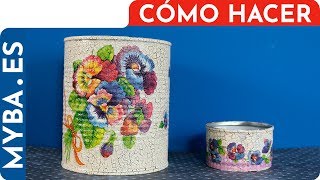 ♻️ Decorando latas con servilletas ♻️ Decoupage y craquelado Reciclado DIY [upl. by Ajna539]