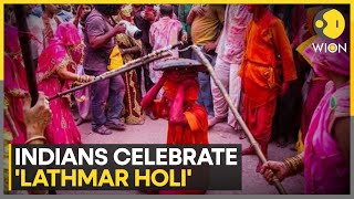 Indians celebrate Lathmar Holi in Barsana  Holi 2024  India News  WION [upl. by Lolande]