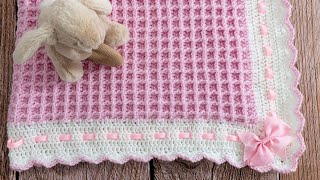 How to Crochet Waffle Stitch Baby Blanket Pretty amp EASY 2row repeat [upl. by Arrol]