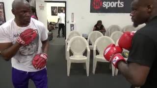 Floyd Mayweather Sr padwork with unbeaten TMT star Andrew Tabiti [upl. by Aken]