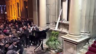 Protesters hurl stones at Belgrade city hall to protest elections  Reuters [upl. by Meingolda]