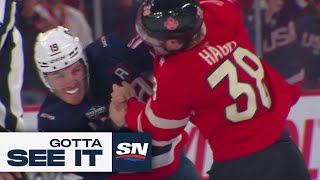 GOTTA SEE IT 3 Fights In 9 Seconds In Canada vs USA 4 Nations Rivalry Game [upl. by Ehcar]