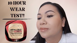 Loreal Infallible 24 Hour Foundation In A Powder  Oily Skin Review and 10 Hour Wear Test [upl. by Guise49]