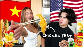 MY AMERICAN BF TRIES ASIAN FOOD [upl. by Enilarac199]