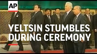 UZBEKISTAN RUSSIAN PRESIDENT YELTSIN STUMBLES DURING CEREMONY [upl. by Aicilas]