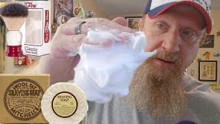 How to lather Mitchells Wool Fat with synthetic shave brush [upl. by Kepner]