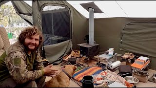 Down2Mobs Winter Hot Tent Tour Kodiak 12x12 quotLodge Cabinquot 4 Season Tent w Awning Room [upl. by Petty288]