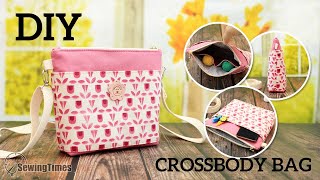 DIY Crossbody Bag with Zipper  How to make a small shoulder bag with pockets sewingtimes [upl. by Mailliwnhoj]