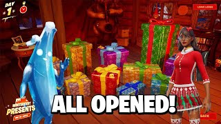 ALL PRESENTS OPENED Fortnite Winterfest 2021 Gameplay Trailer Free Skins Emote Update Today [upl. by Yrrac]