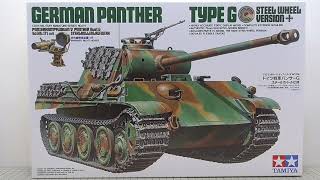 TAMIYA 135 GERMAN PANTHER TYPE G STEEL WHEEL VERSION Kit Review [upl. by Attelrak837]