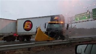 Near Miss Double Tractor Trailer Skids on Black Ice [upl. by Alyaj]