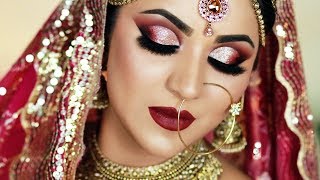 TRADITIONAL INDIAN BRIDAL MAKEUP  HINDI  Bronze Glitter Cut Crease And Dark Red Lipstick [upl. by Fevre605]