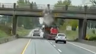 Loaded truck slams into highway overpass in British Columbia [upl. by Linnell]