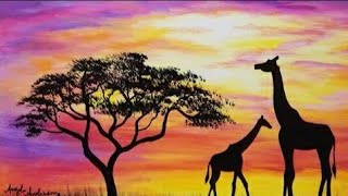 EASY SUNSET Giraffe Silhouette Acrylic Painting Tutorial for Beginners Live [upl. by Arielle674]