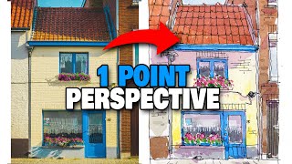 Urban Sketching Building In Front View  One Point Perspective For Beginners [upl. by Einej269]