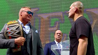 Brock Lesnar and Cain Velasquez weigh in for battle Crown Jewel media event Oct 30 2019 [upl. by Eimor]