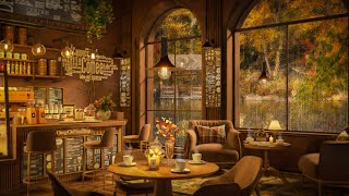 Autumn Rainy Day in Cozy Coffee Shop 4K ☕ with Piano Jazz Music for Relaxing Studying and Working [upl. by Gilbye]