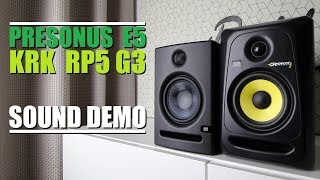 KRK Rokit 5 RP5G3 vs Presonus E5  Sound Demo w Bass Test [upl. by Boggs]