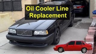 Engine oil cooler line replacement turbo Volvo 850 S70 XC70 V70  VOTD [upl. by Sregor14]